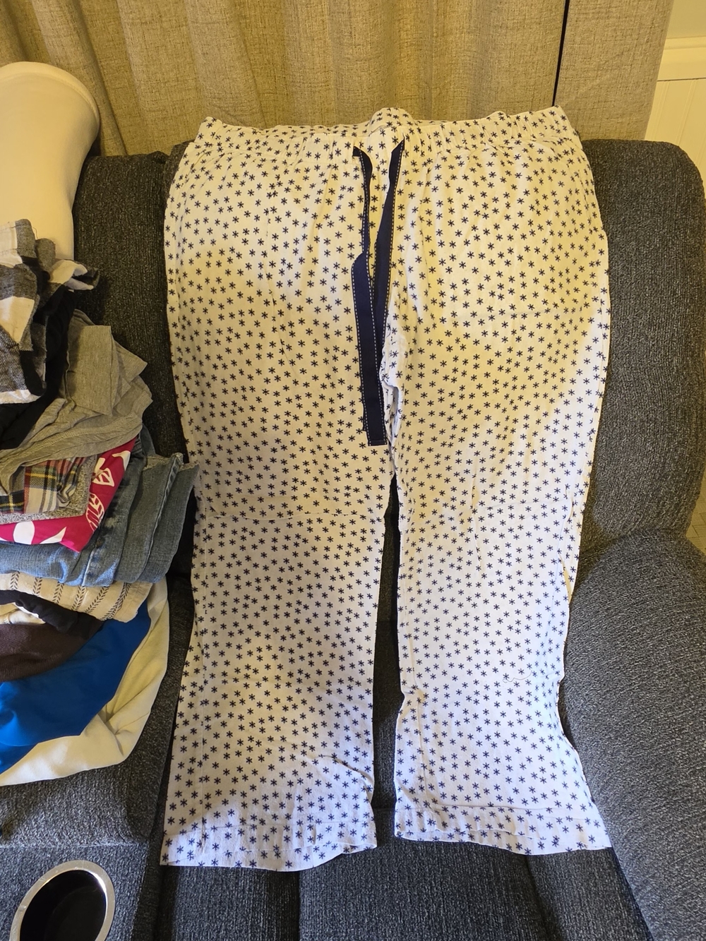 Old Navy White Pajama Pants with Snowflake Print and Navy Drawstring